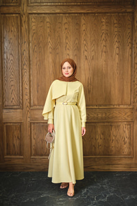 Omuzdan Şallı Scuba Elbise Sarı