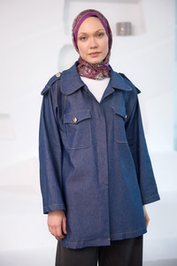 Omuzları Apolet Detaylı Jean Ceket Mavi