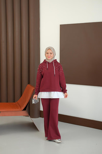 Omuzları Boncuk Detay İkili Takım Bordo