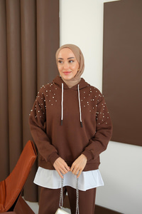 Omuzları Boncuk Detay İkili Takım Kahverengi