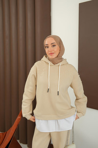 Omuzları Boncuk Detay İkili Takım Krem