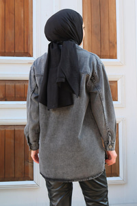 Omuzları Taş İşlemeli Kot Ceket Füme