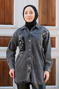 Omuzları Taş İşlemeli Kot Ceket Füme