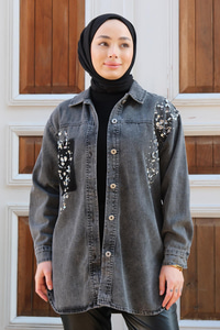 Omuzları Taş İşlemeli Kot Ceket Füme