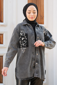 Omuzları Taş İşlemeli Kot Ceket Füme