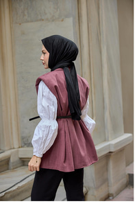 Omuzları Vatka Detaylı Keten Yelek Mürdüm