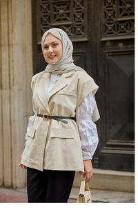 Omuzları Vatka Detaylı Keten Yelek Taş