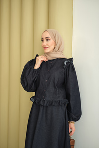 Omuzları Ve Beli Fırfır Detaylı Etekli Takım Lacivert