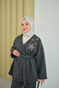 Omzu Yıldız Detaylı Bel Bağlamalı Takım Füme