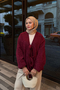 Ön Bağlamalı Buklet Kumaş Ceket Bordo