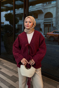 Ön Bağlamalı Buklet Kumaş Ceket Bordo