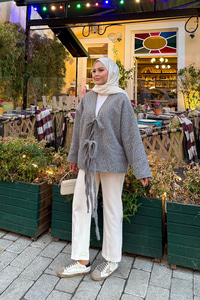 Ön Bağlamalı Buklet Kumaş Ceket Gri