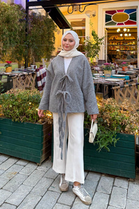 Ön Bağlamalı Buklet Kumaş Ceket Gri