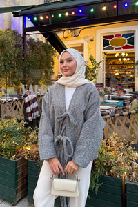 Ön Bağlamalı Buklet Kumaş Ceket Gri