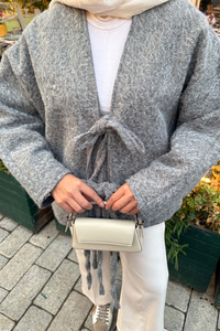 Ön Bağlamalı Buklet Kumaş Ceket Gri
