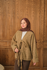 Ön Bağlamalı Buklet Kumaş Ceket Hardal