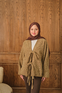 Ön Bağlamalı Buklet Kumaş Ceket Hardal