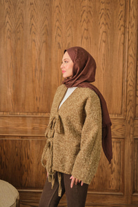 Ön Bağlamalı Buklet Kumaş Ceket Hardal