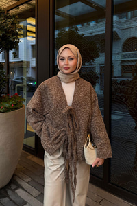 Ön Bağlamalı Buklet Kumaş Ceket Kahverengi