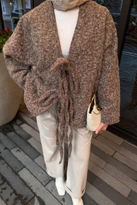 Ön Bağlamalı Buklet Kumaş Ceket Kahverengi