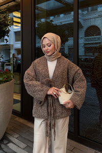 Ön Bağlamalı Buklet Kumaş Ceket Kahverengi