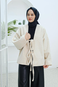 Ön Bağlamalı Buklet Kumaş Ceket Krem