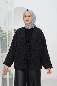 Ön Bağlamalı Buklet Kumaş Ceket Siyah