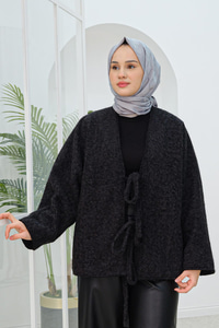 Ön Bağlamalı Buklet Kumaş Ceket Siyah