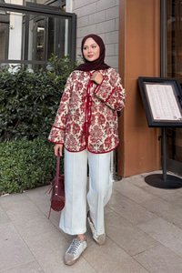 Ön Bağlamalı Etnik Desen Kimono Bordo