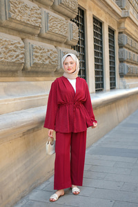 Ön Bağlamalı Taş Detay İkili Takım Bordo