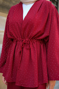 Ön Bağlamalı Taş Detay İkili Takım Bordo