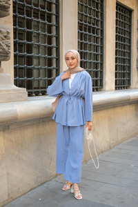 Ön Bağlamalı Taş Detay İkili Takım Mavi