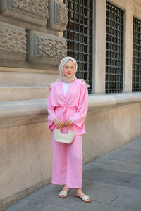 Ön Bağlamalı Taş Detay İkili Takım Pembe