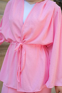 Ön Bağlamalı Taş Detay İkili Takım Pembe