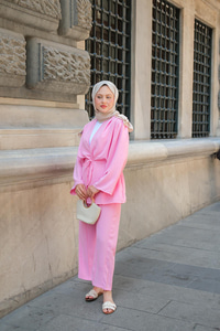 Ön Bağlamalı Taş Detay İkili Takım Pembe