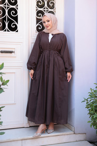 Ön Büzgülü Elbise  Kahverengi