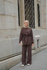 Ön Büzgülü İkili Takım Kahverengi