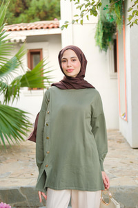 Ön Düğme Detay Tunik Çağla Yeşil