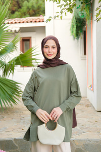 Ön Düğme Detay Tunik Çağla Yeşil