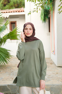 Ön Düğme Detay Tunik Çağla Yeşil