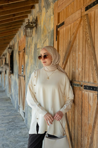 Ön Düğme Detay Tunik Ekru