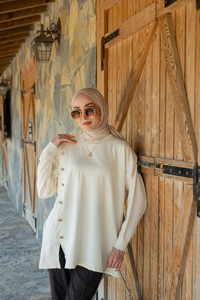 Ön Düğme Detay Tunik Ekru