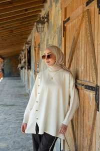 Ön Düğme Detay Tunik Ekru