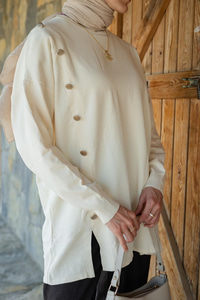 Ön Düğme Detay Tunik Ekru