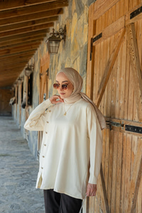 Ön Düğme Detay Tunik Ekru