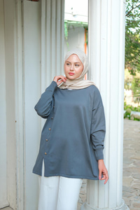 Ön Düğme Detay Tunik Füme