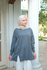 Ön Düğme Detay Tunik Füme
