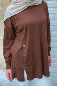 Ön Düğme Detay Tunik Kahverengi