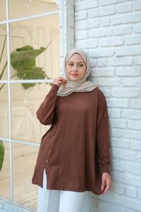 Ön Düğme Detay Tunik Kahverengi