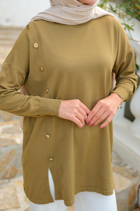 Ön Düğme Detay Tunik Koyu Yeşil